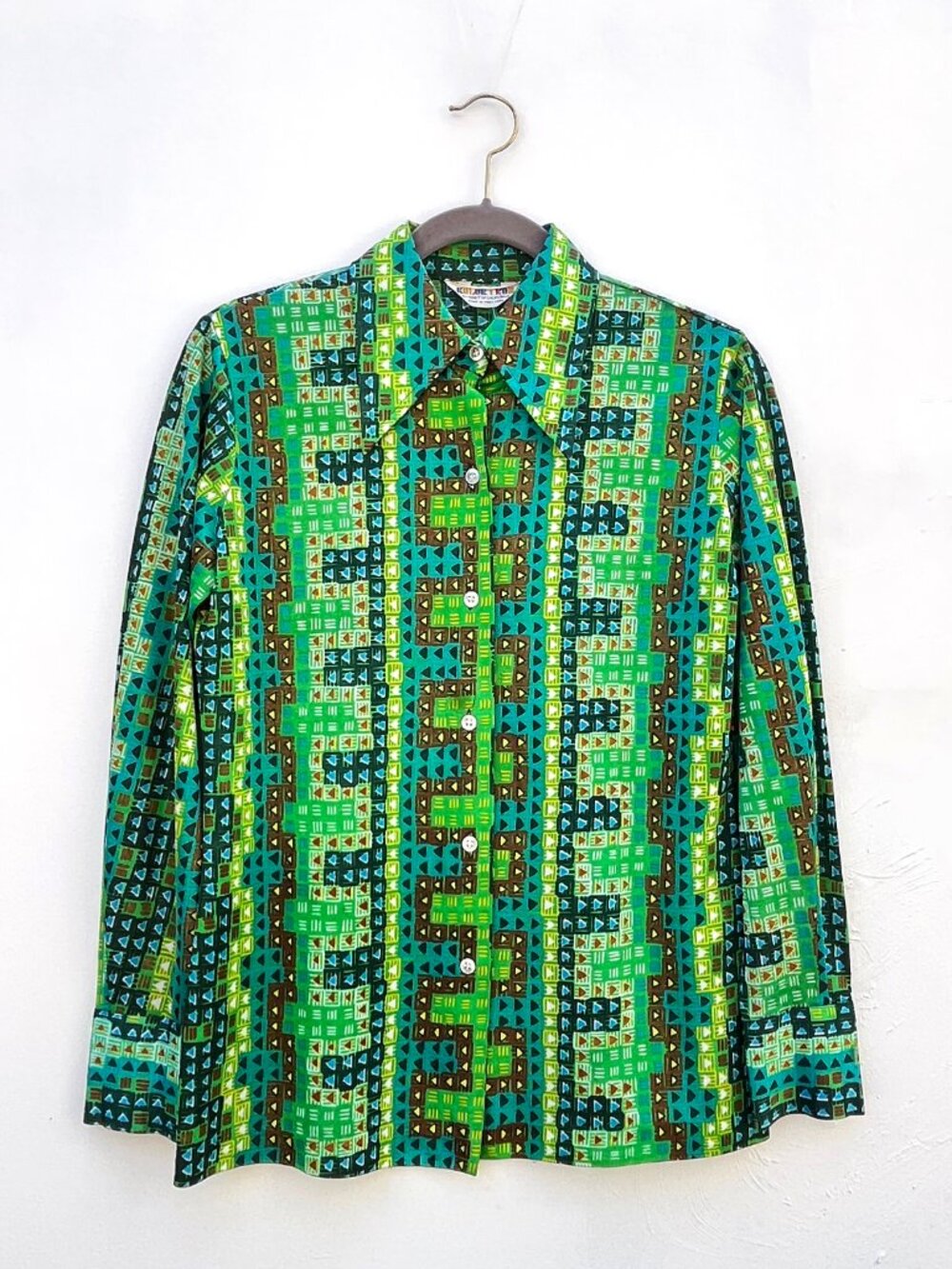 Vintage 60s Women's Koret Kolortron Green Geometric Dagger Collar Shirt Blouse